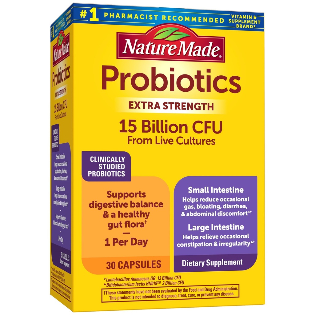 Nature Made Probiotics for Digestive Health Extra Strength 15 Billion CFU from Live Cultures, 여성 및 남성을위한 Probiotics, 30 Probiotics, 30 일 공급