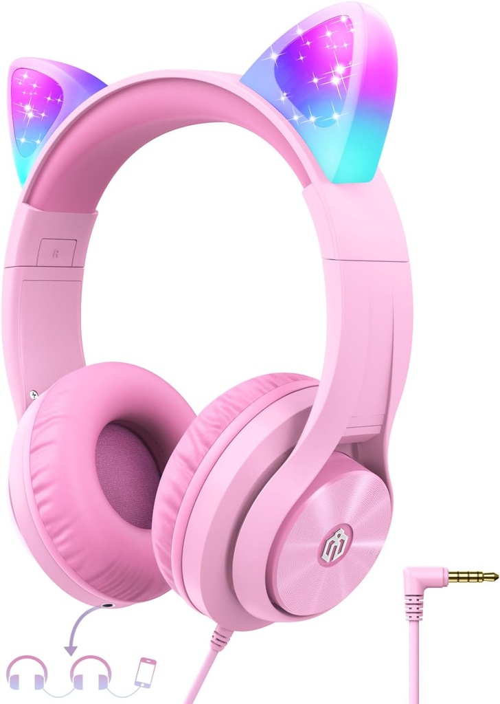 Cat Ear를 가진 iClever 아이 헤드폰은, 안전한 양 Limite, FunShare, Foldable, 학교/iPad/Tablet/Travel, Meow Donut-Pink를 위한 아이를 위한 헤드폰을 지도했습니다