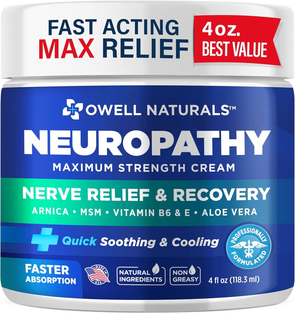 Owell Naturals Neuropathy Nerve Relief Cream, 최대 강도, Greaseless, 천연 성분 Arnica, Aloe Vera, MSM, 비타민 B6 피트, 손, 다리, 발가락 불편, 4 Fl Oz (팩 1)