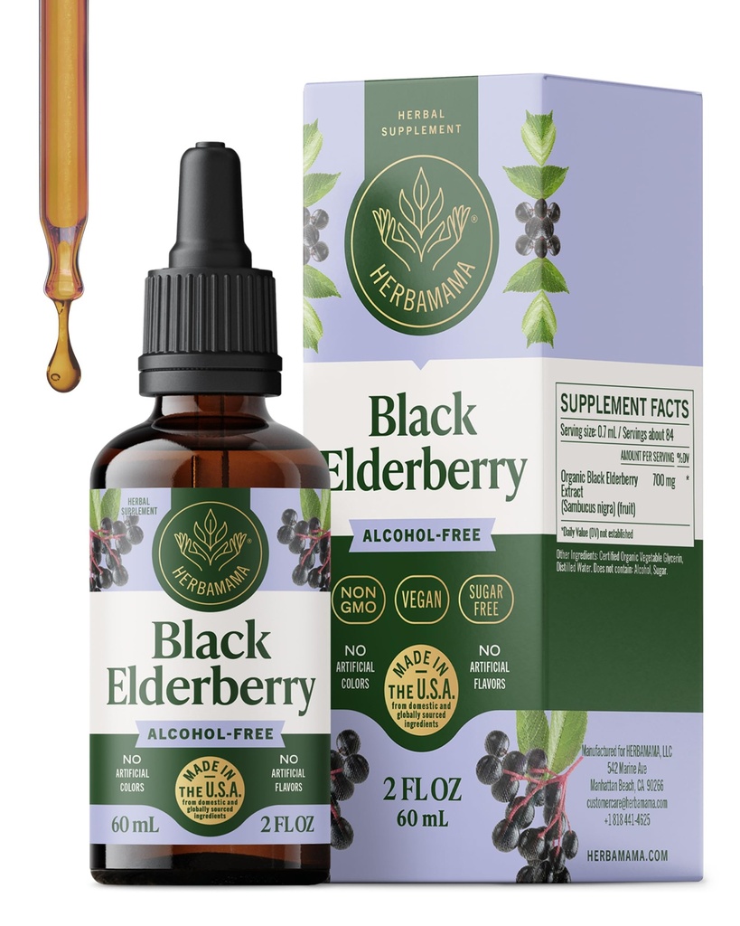 HERBAMAMA Black Elderberry Drops - 면역 지원을위한 Vegan Elderberry 액체 추출물 - 비 GMO, 알코올 및 설탕없는 면역 보충, 21 일 공급