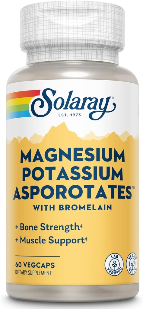 Solaray 마그네슘과 칼륨 Asporotates w/Bromelain, 건강한 전해질, 근육, 심장 & 세포 지원, 60 VegCaps
