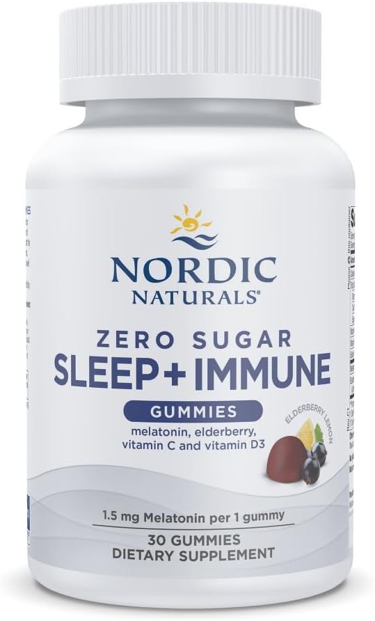 Nordic Naturals Zero Sugar Sleep + Immune Gummies - Elderberry 레몬 맛 - 30 Gummies - 비타민 D3와 수면을위한 1.5mg Melatonin - Elderberry & 비타민 C 면역 지원 - 30 서빙