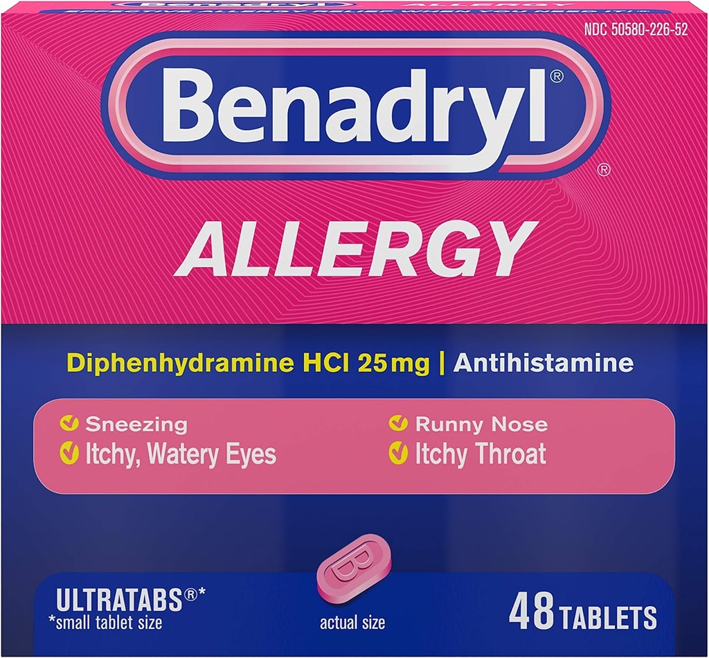 Benadryl Ultratabs 항히스타민 알레르기 약, Diphenhydramine HCl 정제, 48ct