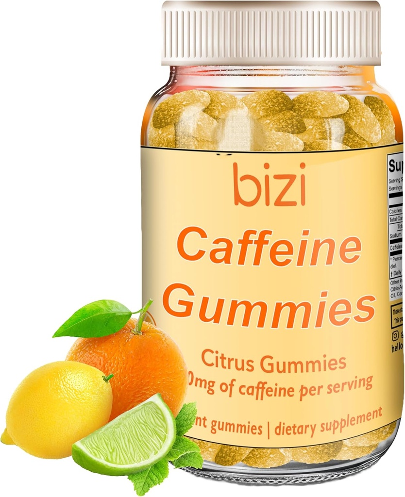 남자와 여자를 위한 Bizi Caffeine Gummies, 에너지 보충 초점, 성인을 위한 카페인 Gummies, 거미 당 30mg 카페인, 감귤류 맛 (60 ct)
