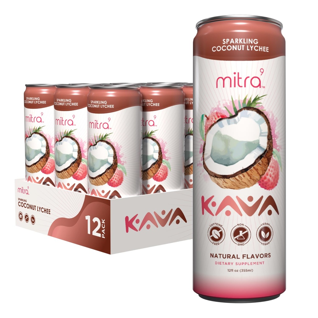 MITRA-9 식물 음료 - 코코넛 Lychee Sparkling Kava 음료 Kava 뿌리 추출물 - Mood 증강 인자 - 식물 기반 - 천연 Calm 및 Clarity (12 Fl. Oz) (12)