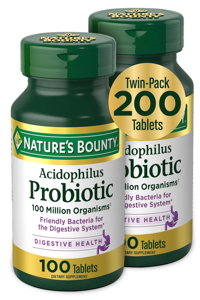 Nature 's Bounty Acidophilus Probiotic, 매일 Probiotic 보충, 소화 건강, 200 정제, 트윈 팩