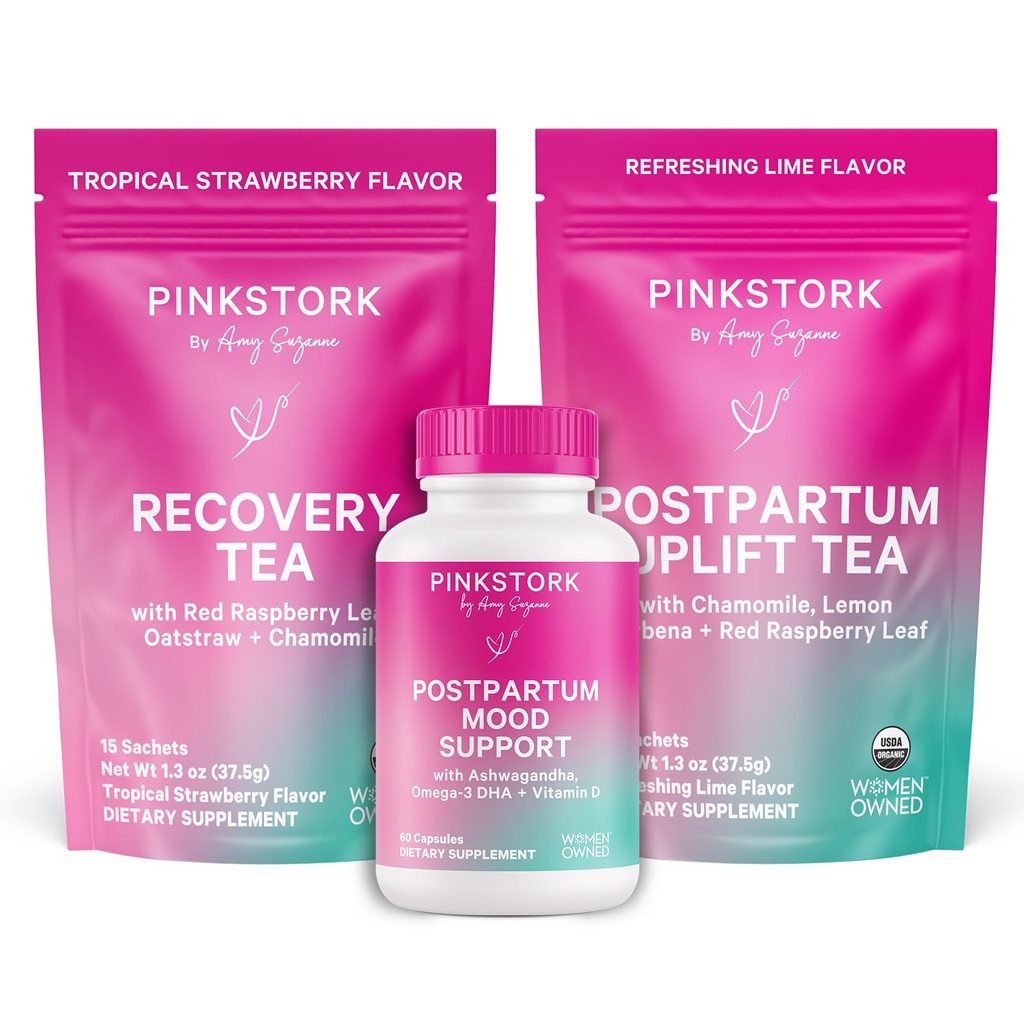 핑크 Stork Postpartum Essentials 키트 – 호르몬 균형, 복구 & 새로운 엄마를위한 무드 지원 – Postnatal Vitamins Ashwagandha + 스트레스 완화를위한 허브 차, 에너지, 수면 – 선물 세트 – Vegan, 유기