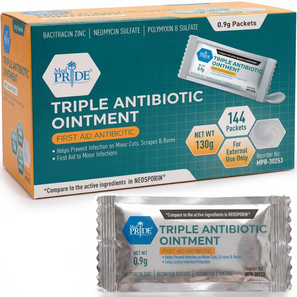 MED PRIDE Triple Antibiotic Ointment Packets Bulk 144 X 0.9g, Burns, Cuts, Wound Care를 위한 개별 항생 연고 패킷