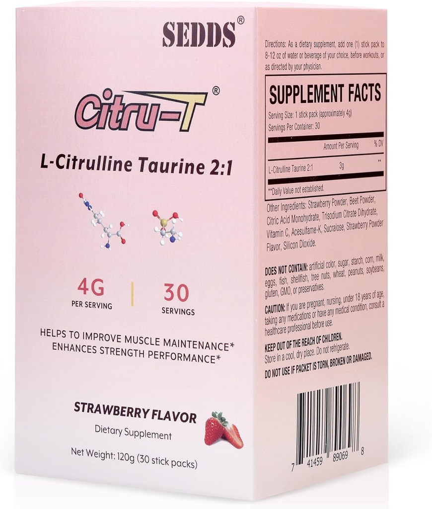 L-Citrulline Taurine 2 : 1, Strawberry-Flavored L Citrulline 분말 Citrulline 보충제, Vegan Taurine 분말, 카페인 무료, 글루텐 무료, 30 팩