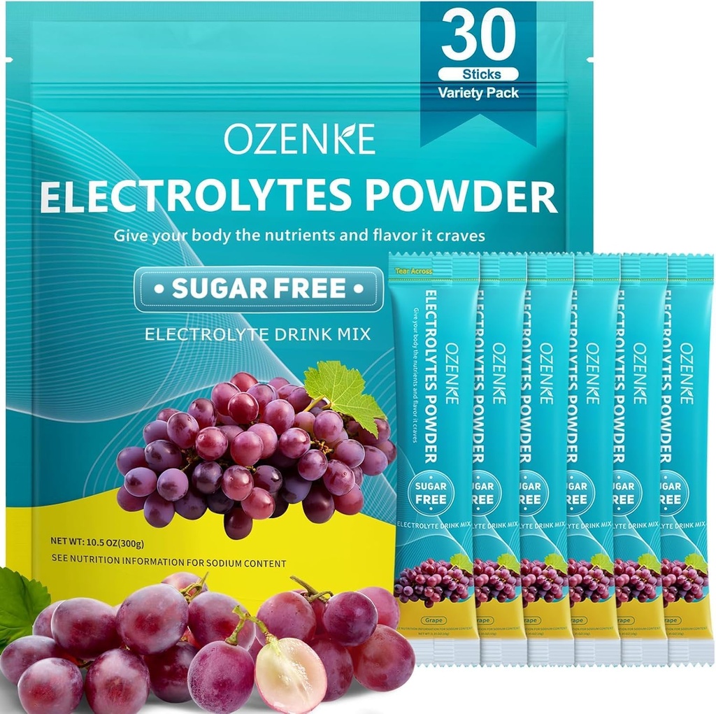 Electrolytes 분말 패킷, 30 스틱 Hydration 패킷 설탕 무료, Electrolyte 음료 혼합 휴대용 Electrolyte Packets for Rapid Hydration, 설탕 0 칼로리, 포도 맛