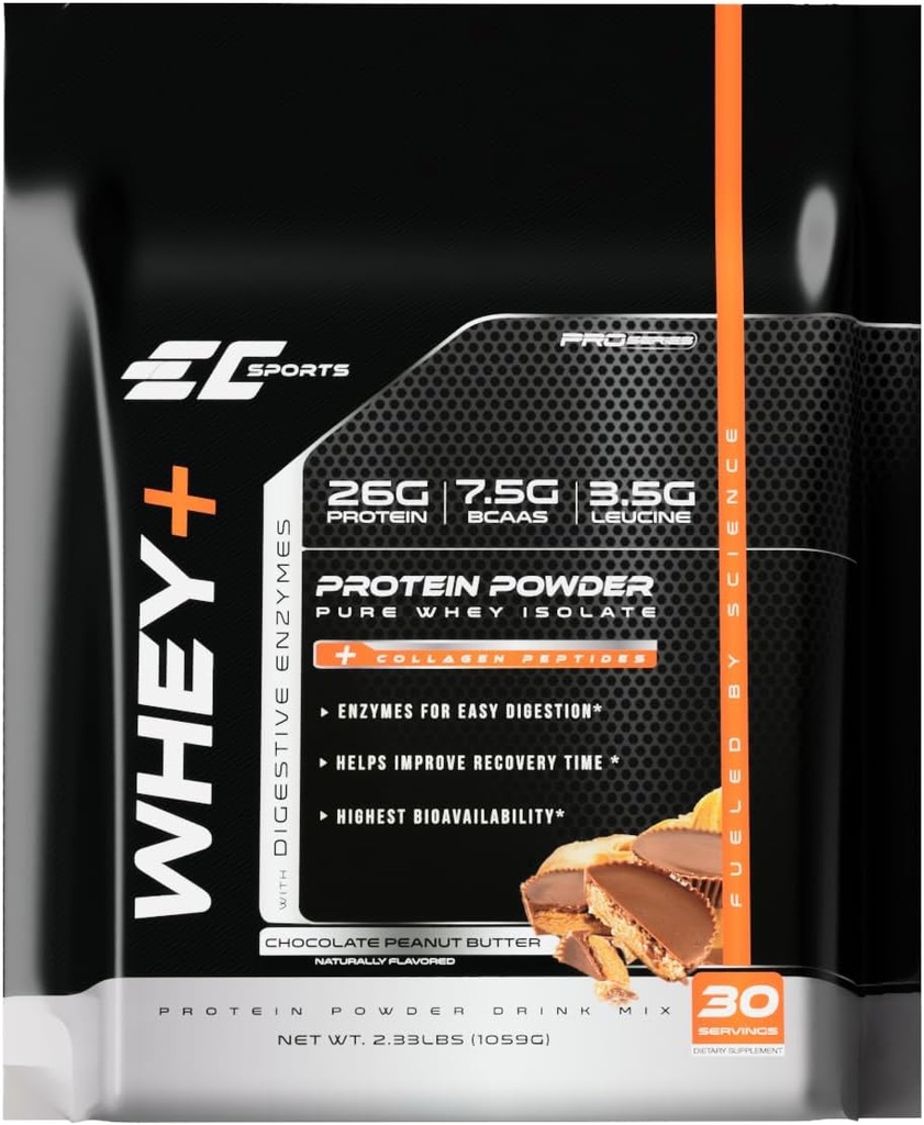 EC 스포츠 Whey+ 단백질 분말, 초콜렛 땅콩 버터 혼합 w/Digestive 효소 - 고립 보충교재, 교원질 펩티드 w/Swift 개혁 - 30의 서빙