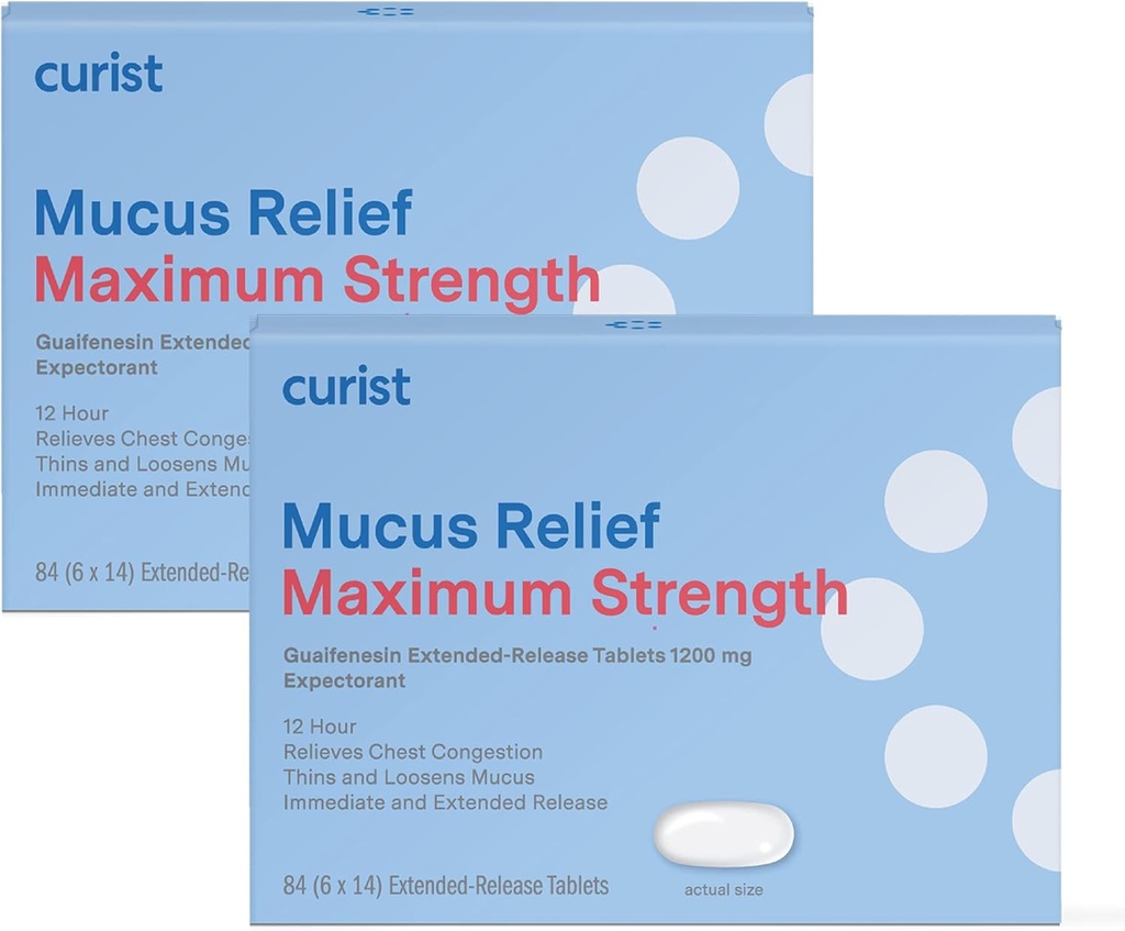 Curist Guaifenesin 1200 mg Extended Release Mucus Relief 최대 강도 - 168 Count Bulk Extended Release Tablets - 감소 Mucus Clear Congestion (2 팩 84 태블릿)