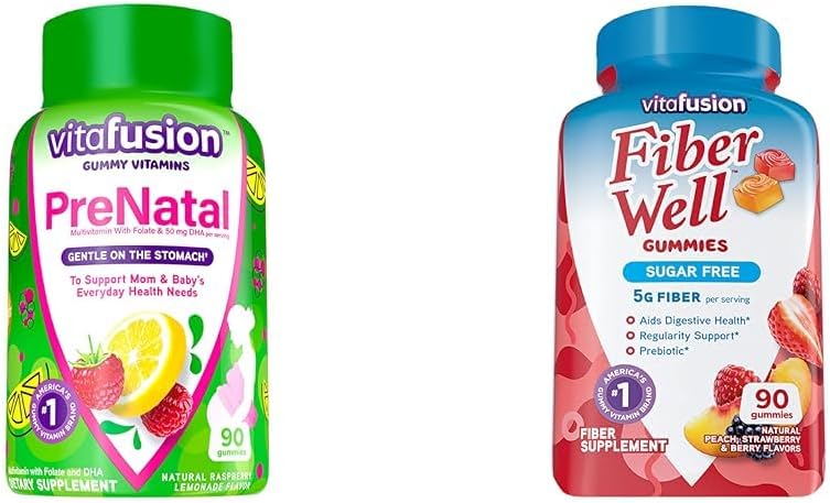 Vitafusion PreNatal Gummy Vitamins, Raspberry Lemonade flavored, 여성을위한 임신 비타민 & 섬유 잘 설탕 무료 섬유 보충, 복숭아, 딸기 및 BlackBerry 맛