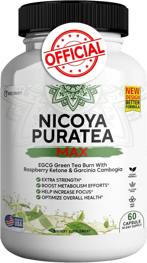Nicoya PuraTea Max Green Tea Extract & Green Coffee Bean for Metabolism Support, 천연 에너지 부스트, 산화 - Rich 보충 - 60 캡슐