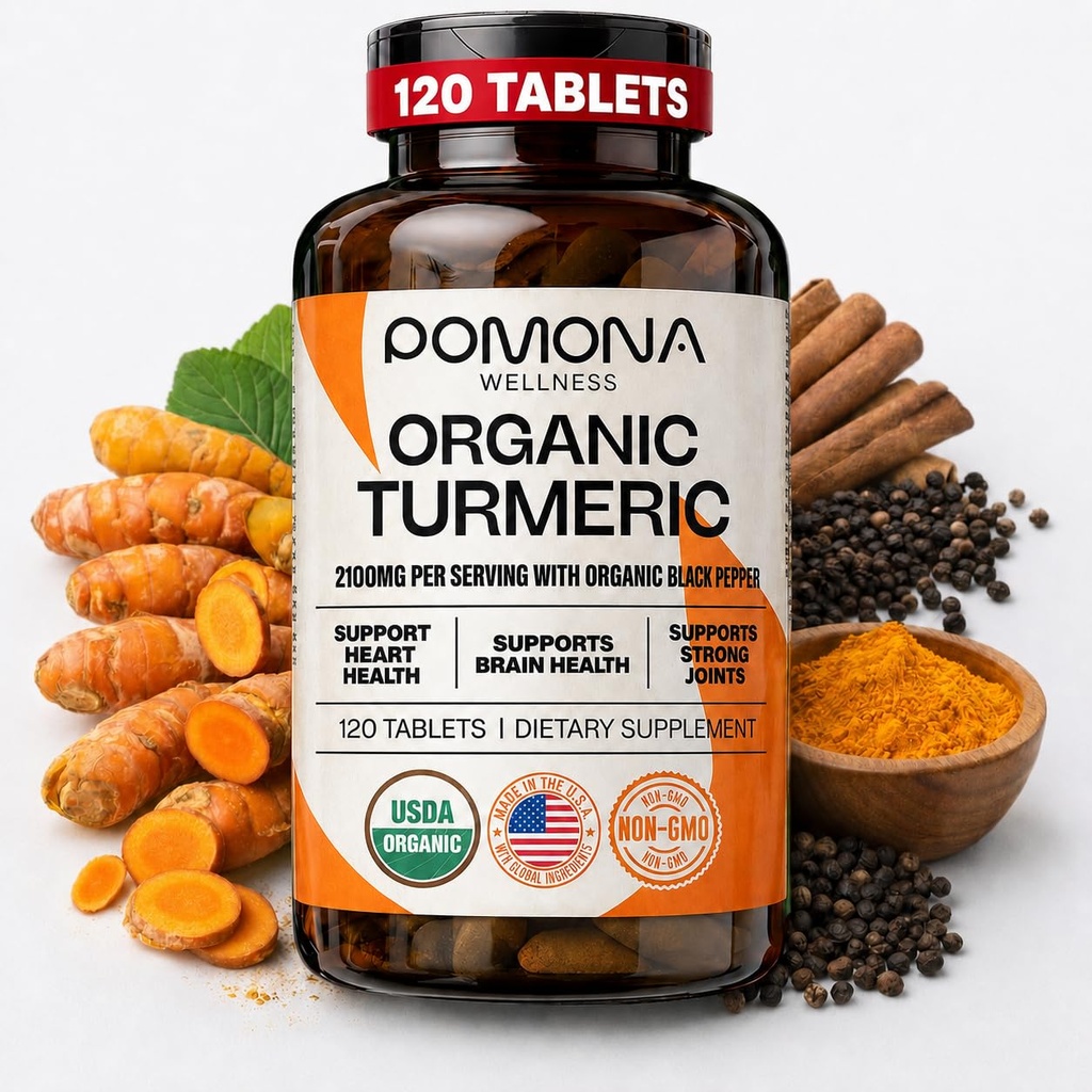Pomona 웰니스 유기 심황 보충교재 2100 mg, USDA 유기, 비 GMO, 채식주의자, 흡수를 위한 까만 고추를 가진 심황 쿠르쿠민, 합동 지원과 면제를 위한, 120의 정제