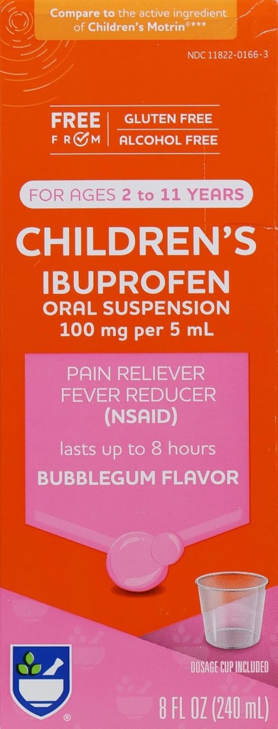 Rite Aid Children's Ibuprofen, Ages 2-11, Bubble Gum - 8 oz | 어린이 통증 Reliever & Fever Reducer | 어린이 연령 2 ~ 11 년 동안 | Ibuprofen 구두 현탁액 100 mg/5 mL | 알코올 무료 및 글루텐 무료