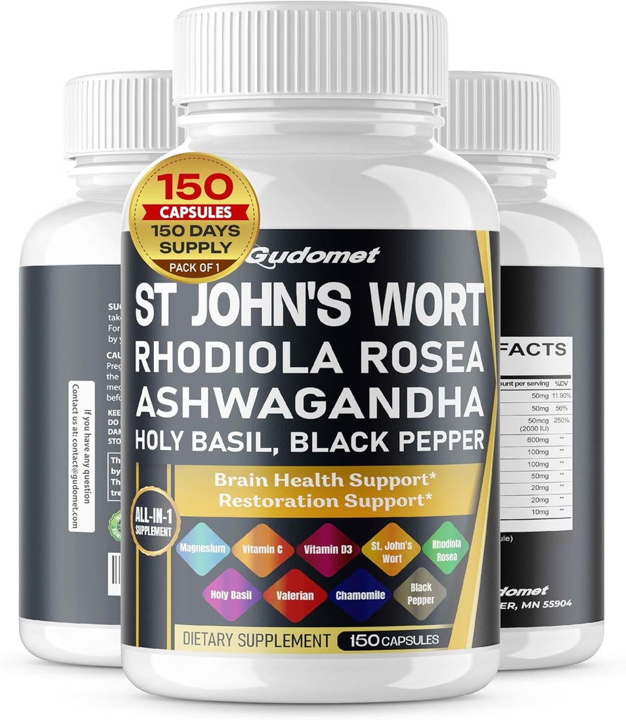 St. John's Wort Rhodiola Rosea Ashwagandha Holy Basil Valerian Chamomile Black Pepper -150 캡슐 - 미국에서 만든