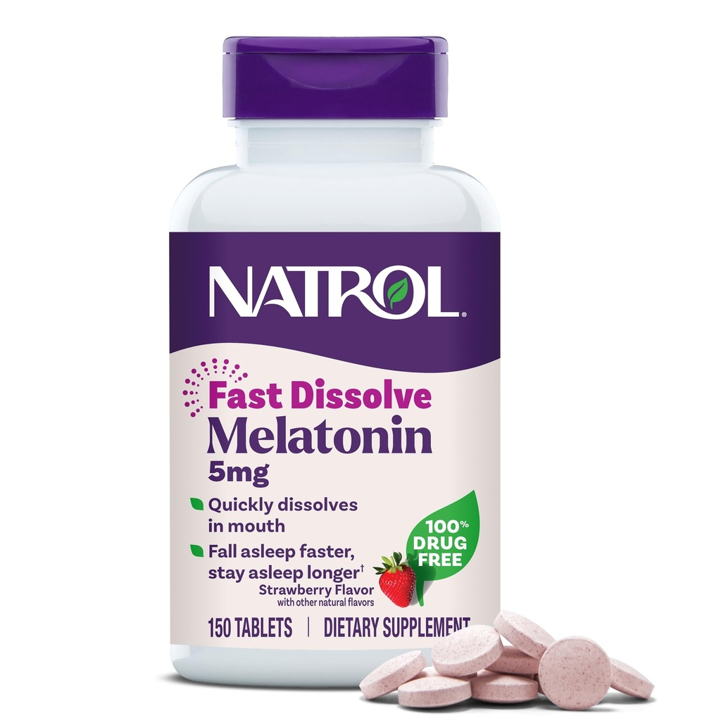 Natrol Melatonin 5mg 빠른 용해 정제, 성인, 딸기 풍미, 150의 정제, 150 까지 일 공급을 위한 수면 지원 보충교재