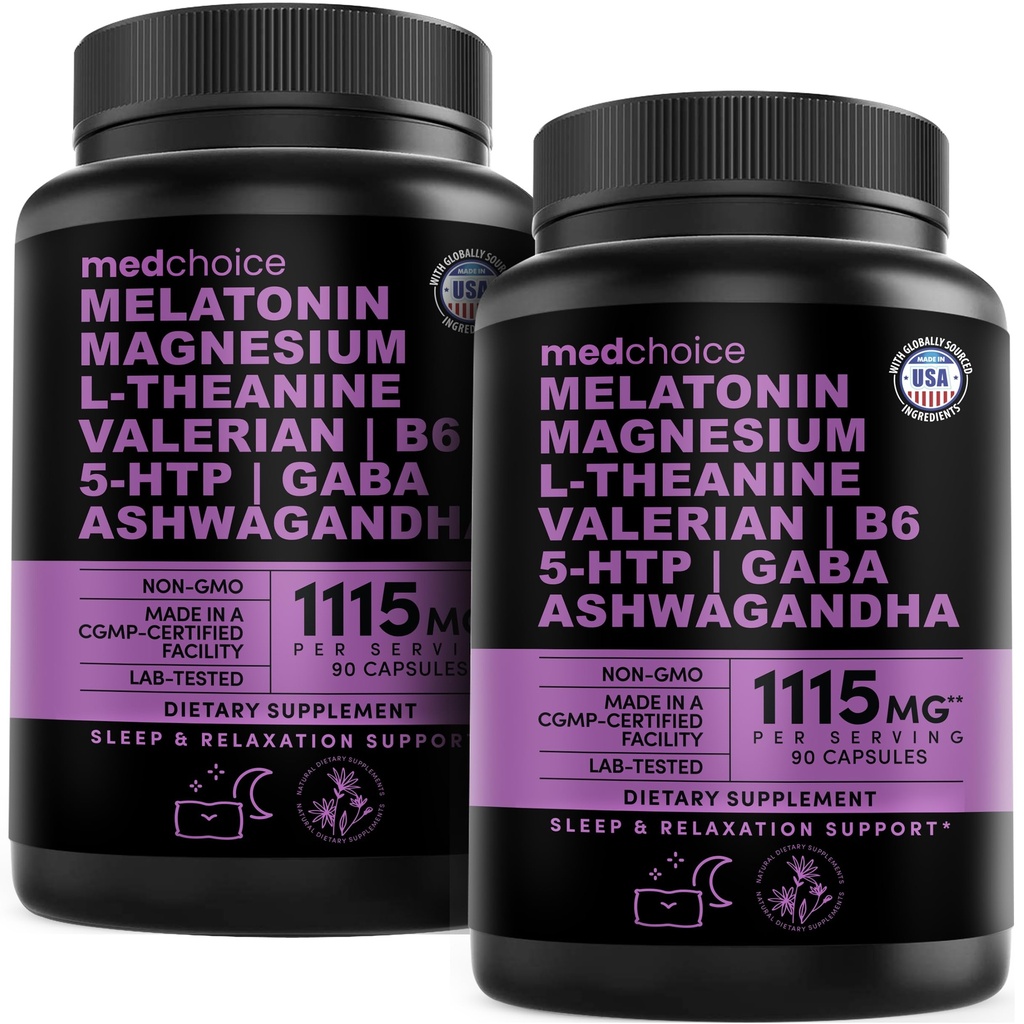 12-in-1 Melatonin 수면 캡슐 - Melatonin 5mg 및 마그네슘 글리세린 500mg, Ashwagandha, L Theanine, Valerian Root, GABA, 5-HTP (90ct, Pack of 2)와 성인을위한 자연 수면 보조