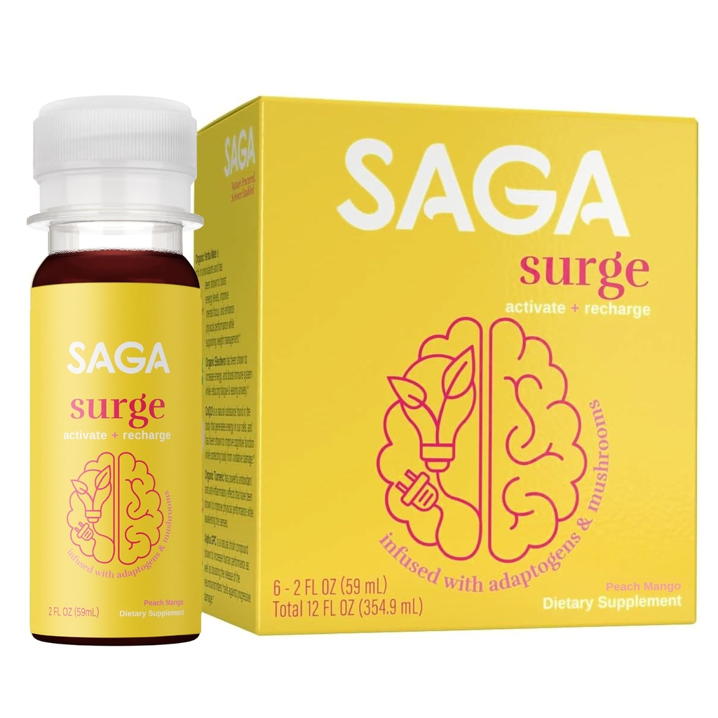 SAGA SURGE Organic Energy Shot | 공연 음료 | Yerba Mate & Alpha GPC Supplement with CoQ10, Turmeric & Mushroom | 초점, 내구시간 및 성능을위한 사전 운동 부스트 음료 | 2oz Peach Mango