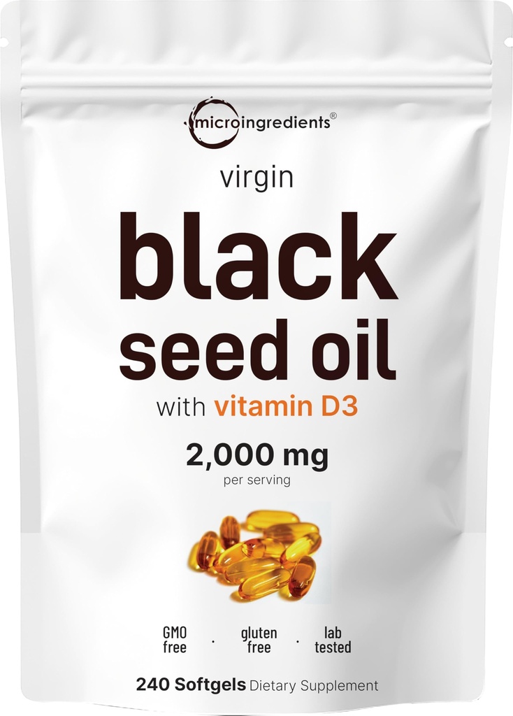 마이크로 성분 비타민 D3 1000 IU, 240 Softgel를 가진 까만씨 기름 | 봉사 당 2,000 mg 까만씨 기름 | Nigella Sativa 기름 | 2-in-1 Unrefined씨 기름 공식 | Non-GMO, cGMP 제조