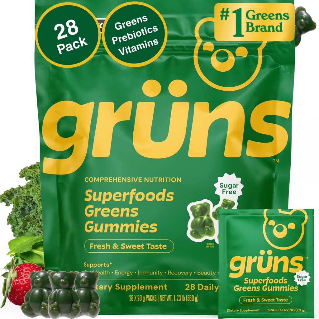 Gruns 성인 설탕 자유로운 최고 녹색 Multivitamin Gummies, Spirulina, Chlorella, Adaptogens & Prebiotic 섬유를 가진 여자와 남자를 위한 Superfood Gummy 비타민 Digestive 건강 (28 조사)