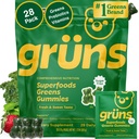 Gruns 성인 설탕 자유로운 최고 녹색 Multivitamin Gummies, Spirulina, Chlorella, Adaptogens & Prebiotic 섬유를 가진 여자와 남자를 위한 Superfood Gummy 비타민 Digestive 건강 (28 조사)