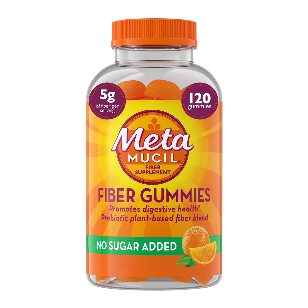 성인을 위한 Metamucil 섬유 Gummies, 설탕 없음 오렌지 풍미, 5g Prebiotic 식물 근거한 섬유 보충교재 혼합, 120 조사