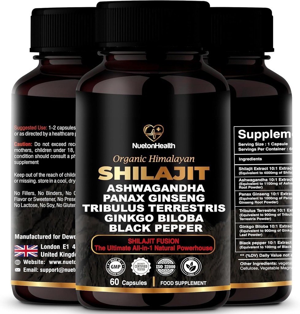 Ashwagandha, Ginseng, Tribulus, Ginkgo 및 Black Pepper와 함께 Himalayan Shilajit 캡슐 - 매일 웰빙 및 활력을위한 글루텐 프리 식물 혼합 - 60 캡슐