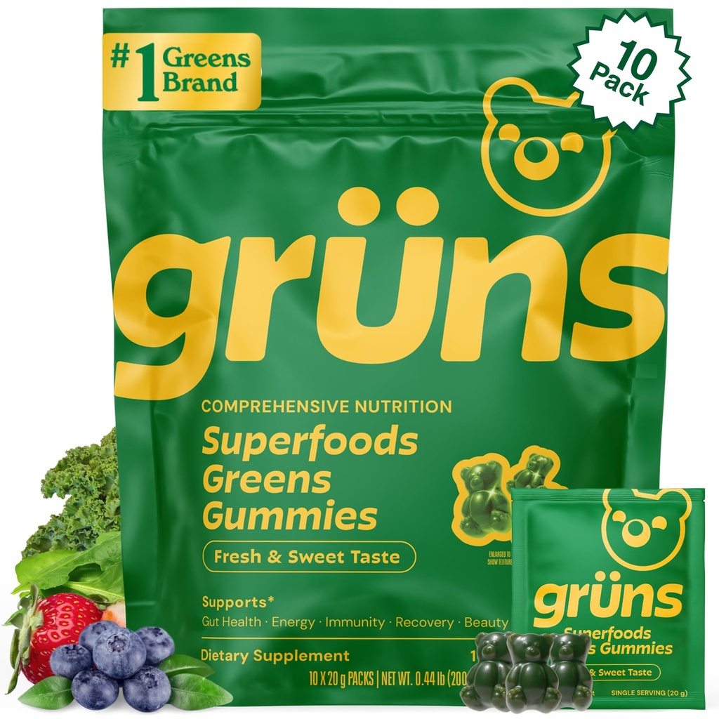 Gruns 성인 최고 녹색 Gummies, Multivitamin Superfood Gummy 곰, Spirulina, Chlorella, 소화 건강을 위한 Prebiotics & 섬유 Gummies, Adaptogens 보충교재, 20 비타민 & 무기물, 10 조사
