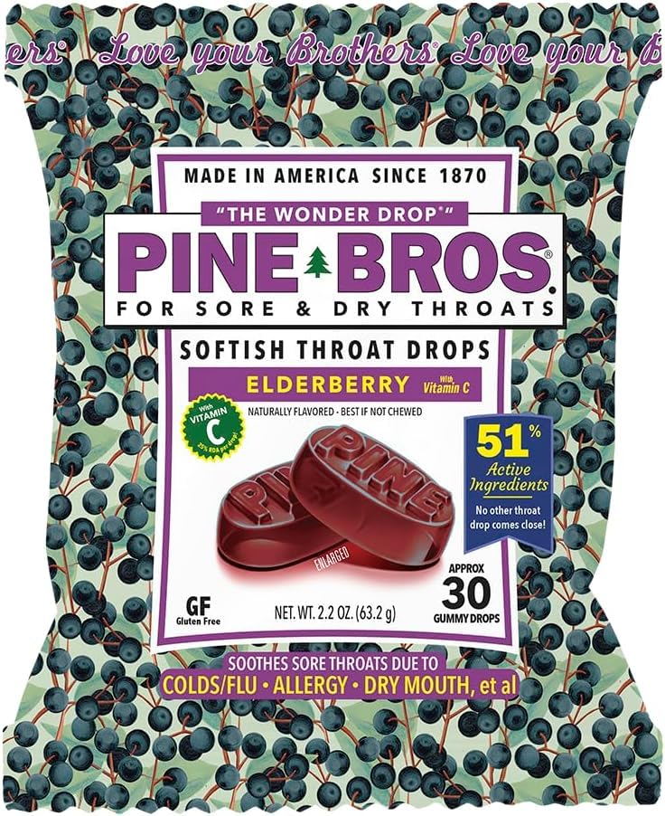 Pine Bros. Gummy Sore Throat Softish Drops 30 Count (약) (1, Elderberry 포장)