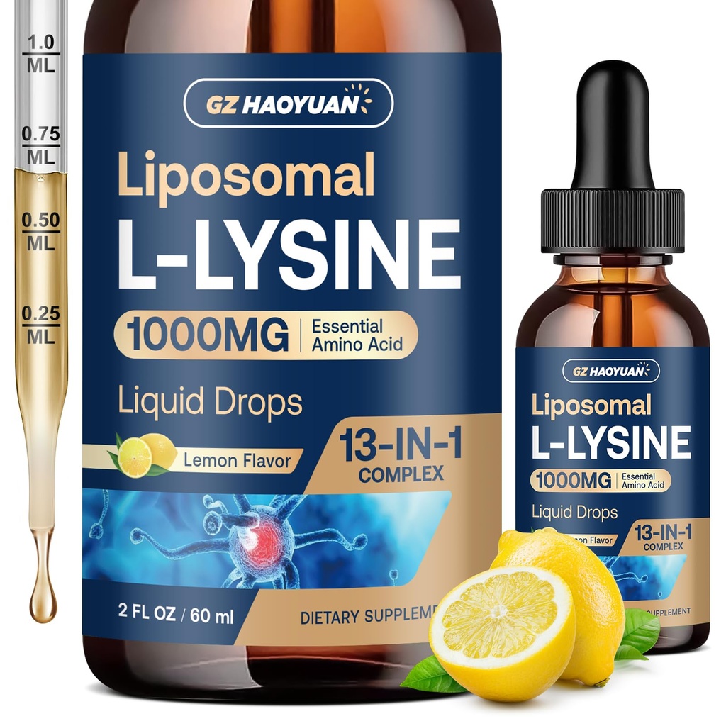 Liposomal L-lysine 1000MG 액체 하락, 13-in-1 Lysine 보충교재 – Monolaurin, 비타민 C, B6, D3, B12를 가진 올리브 잎 추출물 & 교원질, 입술, 아이를 위한 아연 & 성인, 2oz
