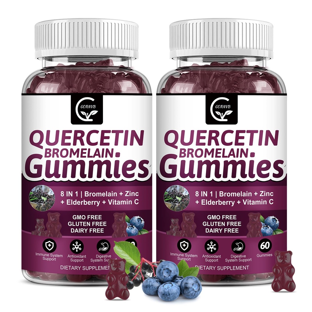 (2 팩) Quercetin Gummies - Bromelain 2378mg를 가진 Quercetin - Elderberry, Echinacea Purpurea 추출물, 아연, 비타민 C, D3, K2의 복잡한 지원 면역성이 있는, 심장 혈관 & 호흡 기능에 혼합