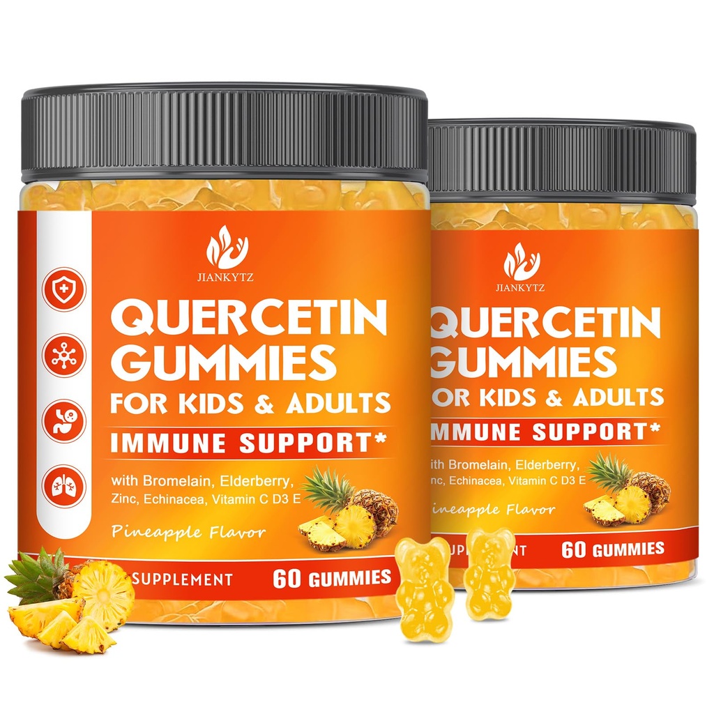 (2 팩) 아이들 & 성인을 위한 Bromelain Gummies를 가진 설탕 자유로운 Quercetin - 면역, 산화 방지제, 계절 지원, Bromelain, 아연, Elderberry, 비타민 C D3 E, 120 조사를 가진 1000mg Quercetin 보충교재