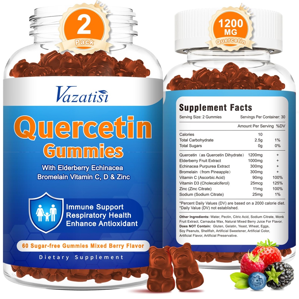 Bromelain Gummies를 가진 2 팩 Quercetin, Immune 체계 & 알레르기를 위한 비타민 C 아연 & Elderberry를 가진 Quercetin, Chewable & Vegan Gummies, 혼합 Berry 풍미 120 Cts