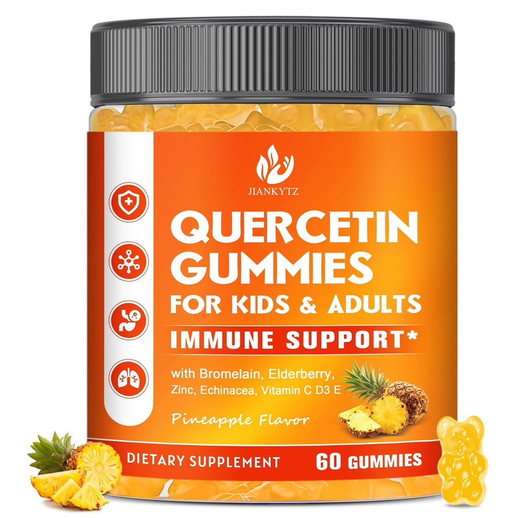 아이 & 성인을 위한 Bromelain Gummies를 가진 설탕 자유로운 Quercetin - Immune의 산화 방지제, Seasonal 지원, Bromelain, 아연, Elderberry, 비타민 C D3 E, Vegan, 60 조사를 가진 1000mg Quercetin 보충교재