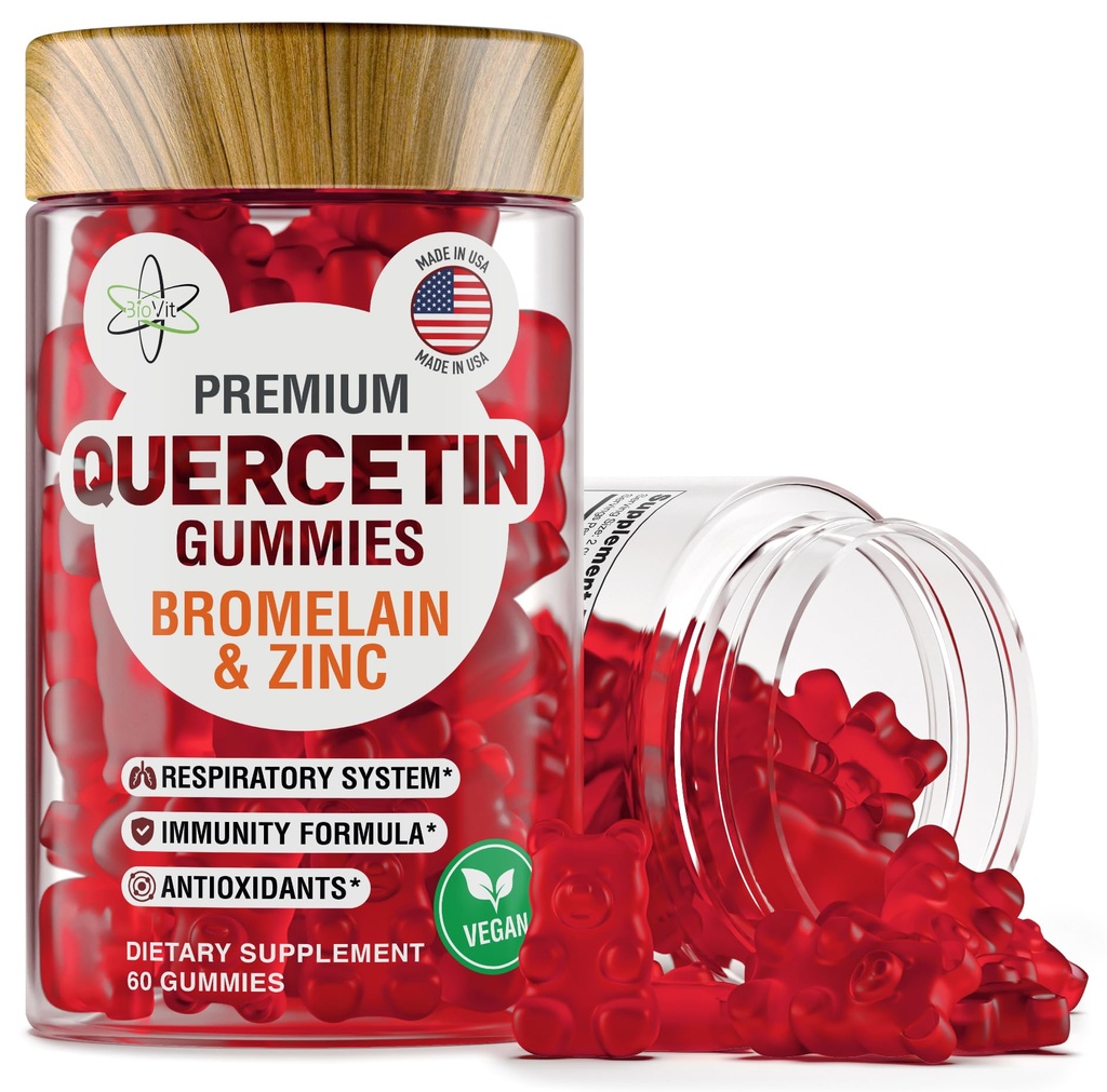 BioVit Quercetin Gummies 500MG - 아이 & 성인 면역 체계 & 알레르기를 위한 활성화된 Quercetin - Bromelain, 아연, 비타민 C, 비타민 D3에 Chewable - 미국에서 만드는 - 60 Vegan Gummy 곰