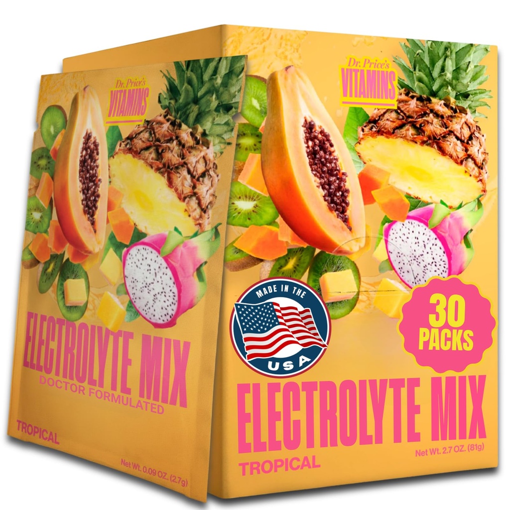 Dr. Price’s Electrolyte Mix | 슈즈프리 히어로션 파우더 72+ Trace Minerals | No Sugar, Fast-Dissolve Electrolytes Powder Packets | Tropical (30 팩)