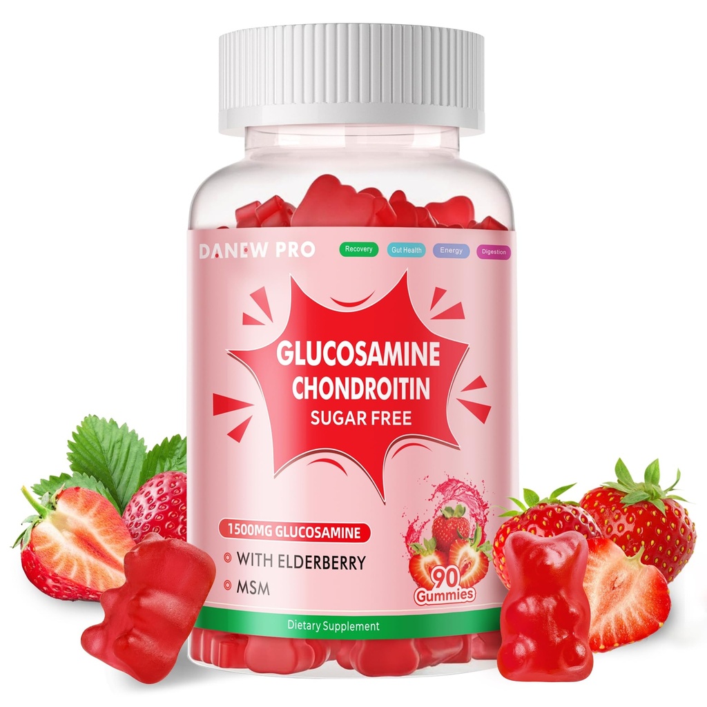 DANEW 직업적인 Glucosamine Chondroitin Gummies MSM & Elderberry 여분 힘 - 합동 지원, 성인, 남자 & Women.90 딸기 Gummies를 위한 산화 방지제 Immune 지원 보충교재