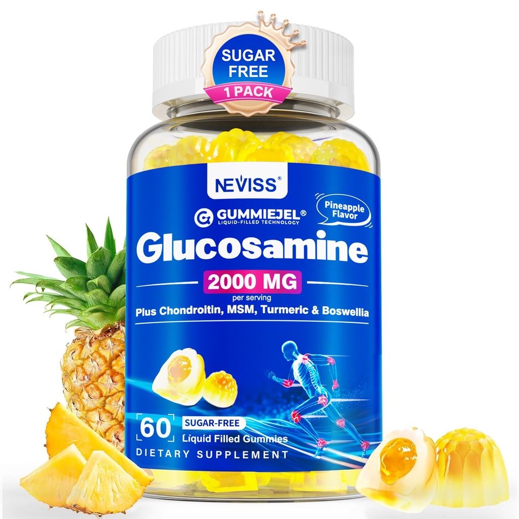 설탕 자유로운 글루코사민 Chondroitin MSM Gummies - 여성을 위한 최대 힘 Mobility 보충교재 & 남자 w/ 글루코사민 황산염 2000mg, Boswellia, Curcumin & Hyaluronic 산 - 융통성 지원 - 60Cts