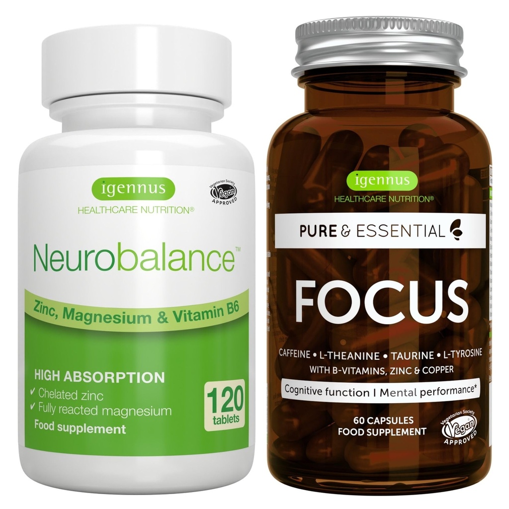 Neurobalance + Focus Brain Booster Vegan 번들, 높은 흡수 아연 마그네슘 & B6 + Caffeine, 아미노산 & 메틸을 입힌 B 비타민, Igennus에 의하여