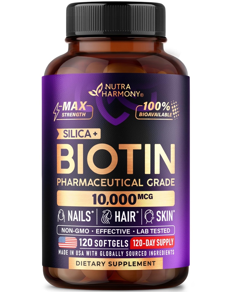 실리콘을 가진 Biotin 10000mcg - 여성을 위한 약제 급료 Biotin 보충교재 - 머리 성장 지원, 피부 & 못 - 최대 힘 & 100% 생물 다양성 - 미국에서 만드는 - 120 Softgels, 120 일 공급