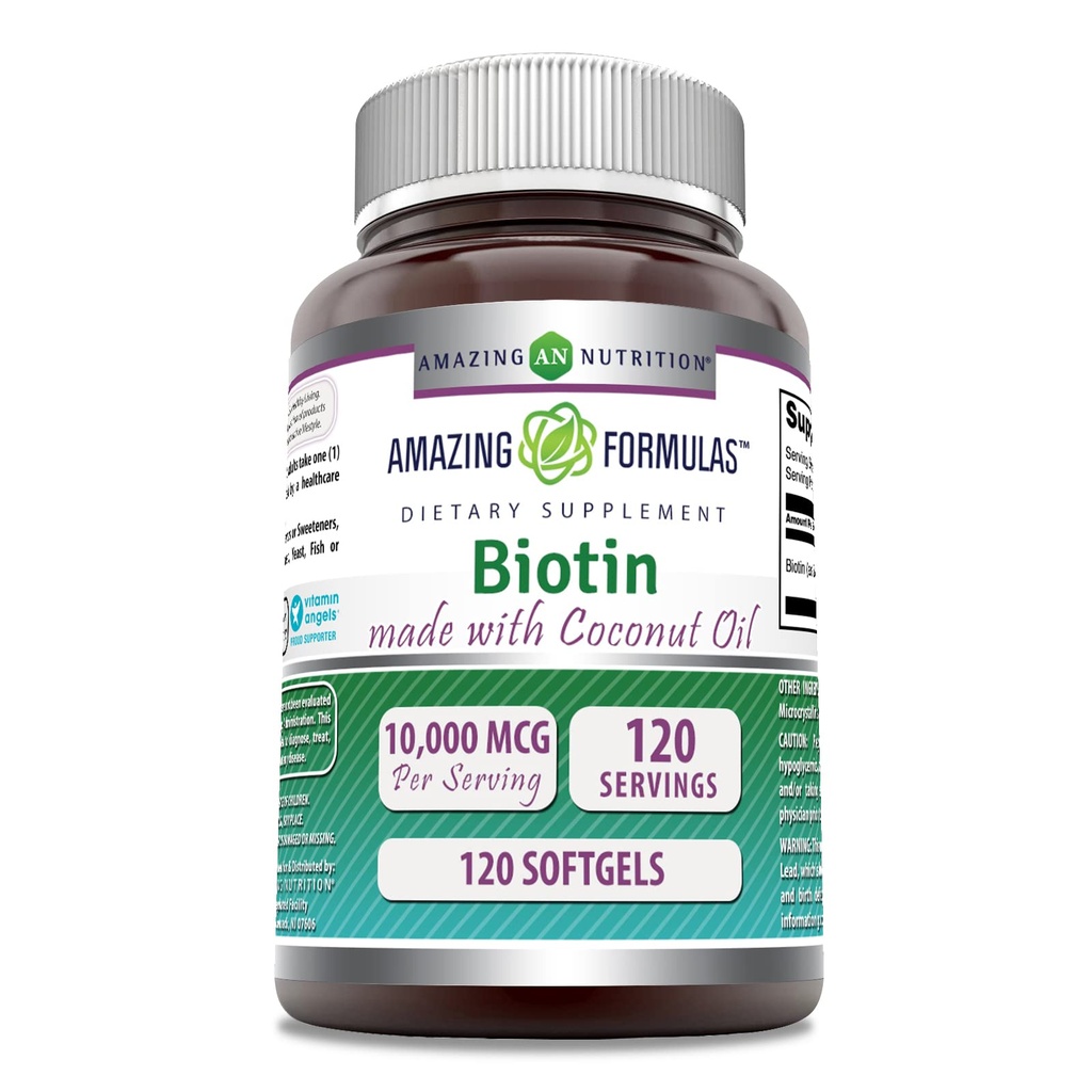 추가 버진 유기농 코코넛 오일 보충으로 놀라운 수식 바이오틴 | 10000 Mcg | 120 Softgels | Non-GMO | 글루텐 프리 | 미국에서 제작