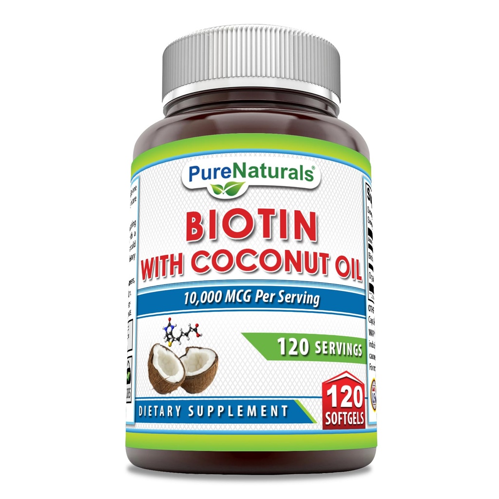Pure Naturals Biotin 10000 Mcg with Extra Virgin Organic Coconut Oil 120 Softgels | Non-GMO | 글루텐 프리 | 미국