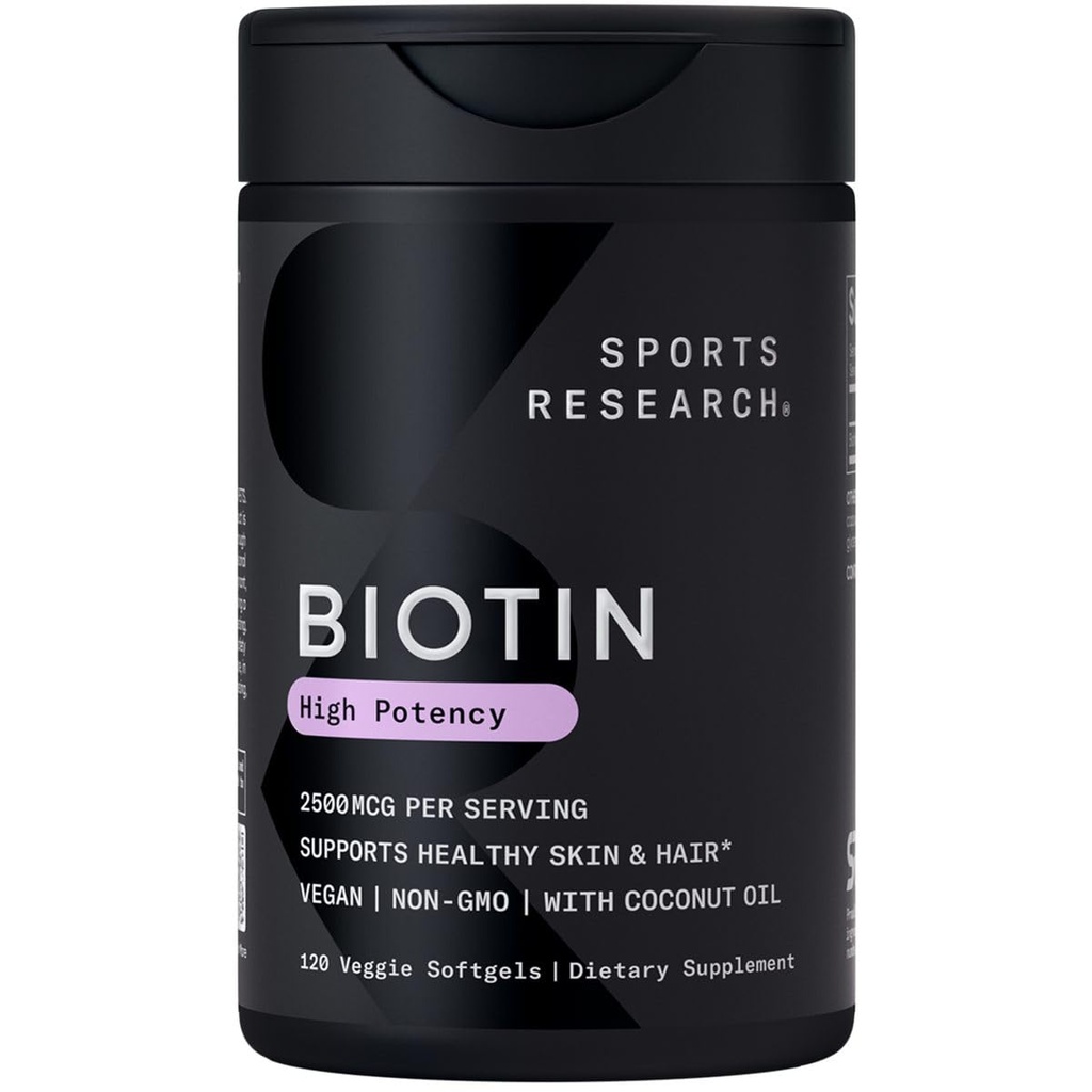 Sports Research® Biotin 2,500mcg with Organic Coconut Oil - Biotin (Vitamin B7) for Healthy Skin and Hair Support* - 여성 및 남성용 - Vegan, Non-GMO, 글루텐 & Soy-Free - 120 Veggie Softgels