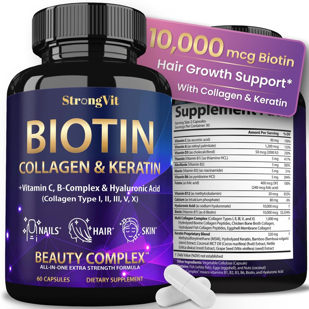 Hyaluronic 산, Keratin 및 교원질 보충교재를 가진 StrongVit Biotin - 머리 성장 여자와 남자를 위한 10000mcg - 머리 피부와 못 비타민 - 60의 캡슐