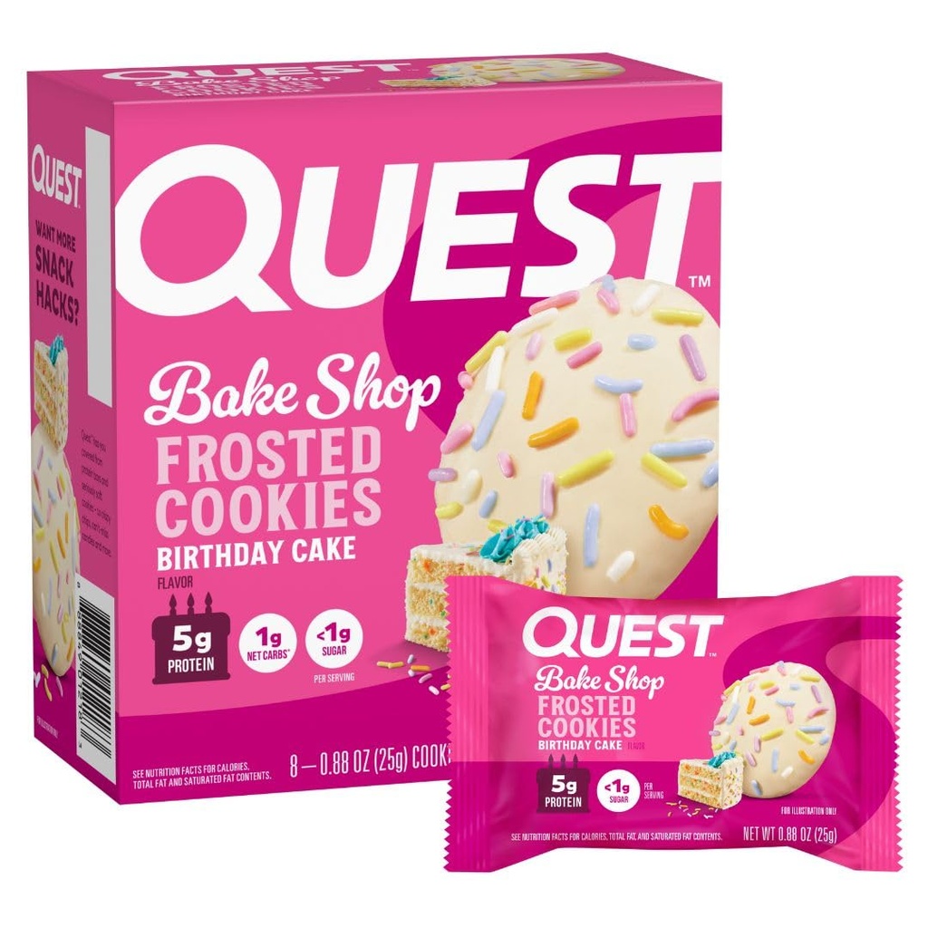 Quest Nutrition Frosted Protein Cookies, 생일 케이크, <1g Sugar, 5g Protein, 1g Net Carbs, 글루텐 무료, 8 쿠키