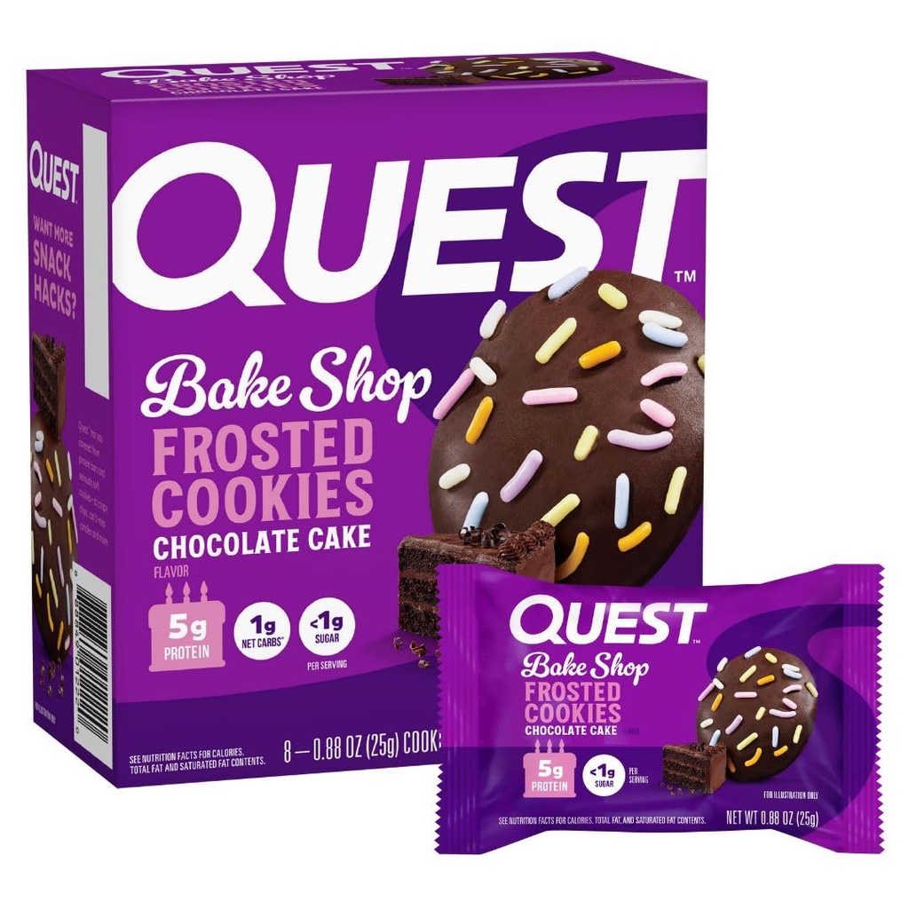 Quest Nutrition Frosted Protein Cookies, 초콜릿 케이크, <1g Sugar, 5g Protein, 1g Net Carbs, 글루텐 무료, 8 Cookies