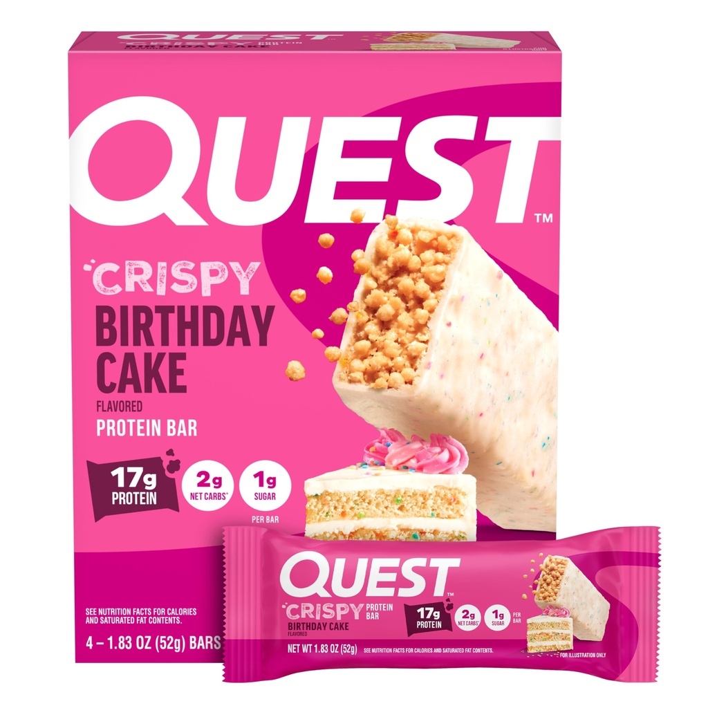 Quest Nutrition Crispy Birthday Cake Protein Bar, 17g Protein, 1g Sugar, 2g Net Carbs, Gluten Free Protein Snack, Keto Friendly, 4 카운트