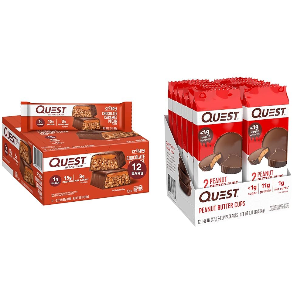 Quest Nutrition Crispy Chocolate Caramel Pecan Hero Protein Bar, 15g Protein, 1g Sugar & High Protein Low Carb, Gluten Free, Keto Friendly, 땅콩 버터 컵, 12 개